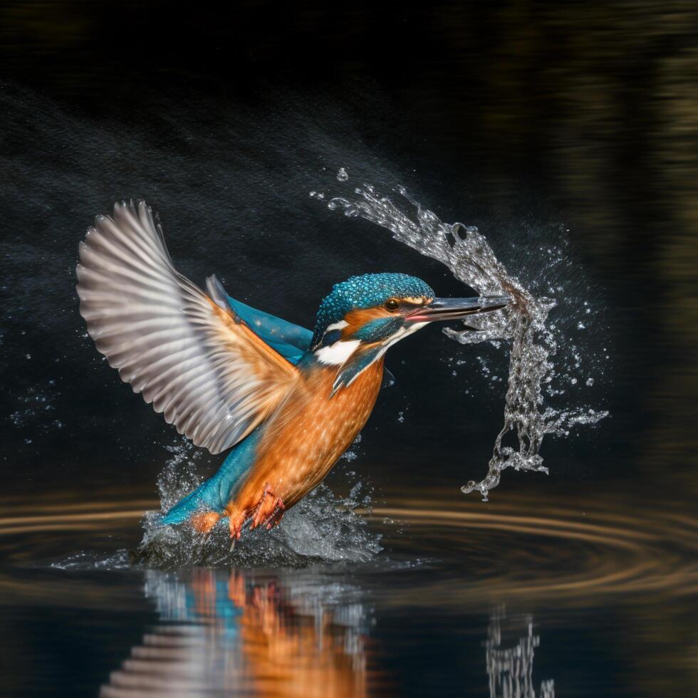 Common European Kingfisher river kingfisher flying after emerging from water with caught fish prey in beak photo