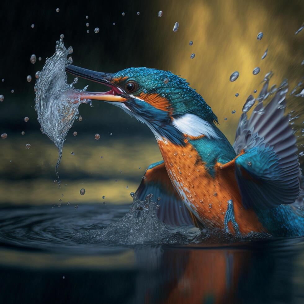 Common European Kingfisher river kingfisher flying after emerging from water with caught fish prey in beak photo