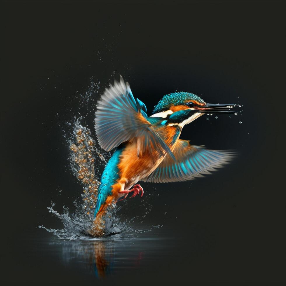 Common European Kingfisher river kingfisher flying after emerging from water with caught fish prey in beak photo