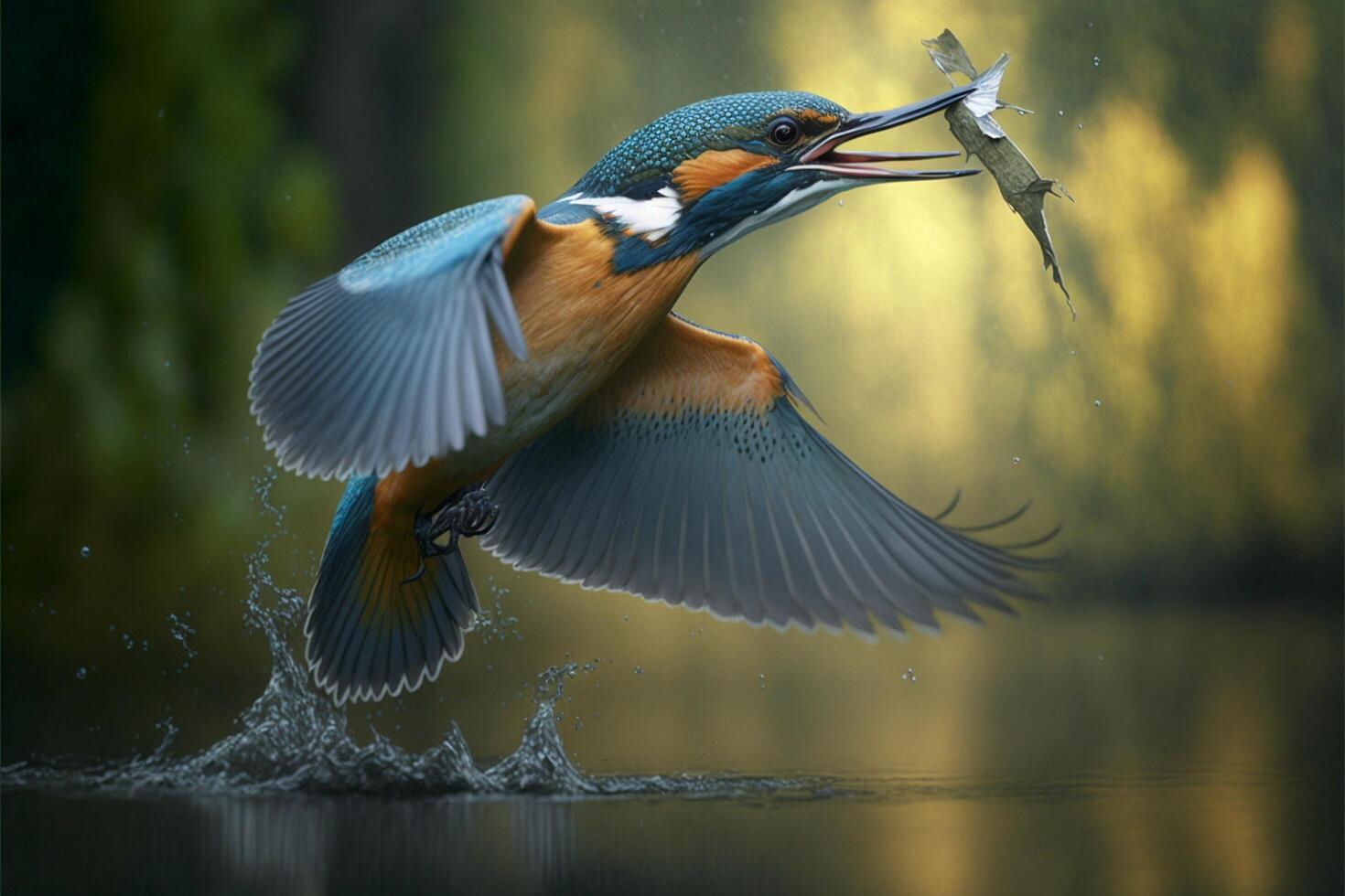 Common European Kingfisher river kingfisher flying after emerging from water with caught fish prey in beak photo