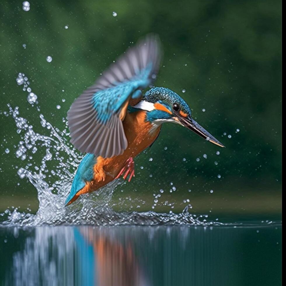 Common European Kingfisher river kingfisher flying after emerging from water with caught fish prey in beak photo