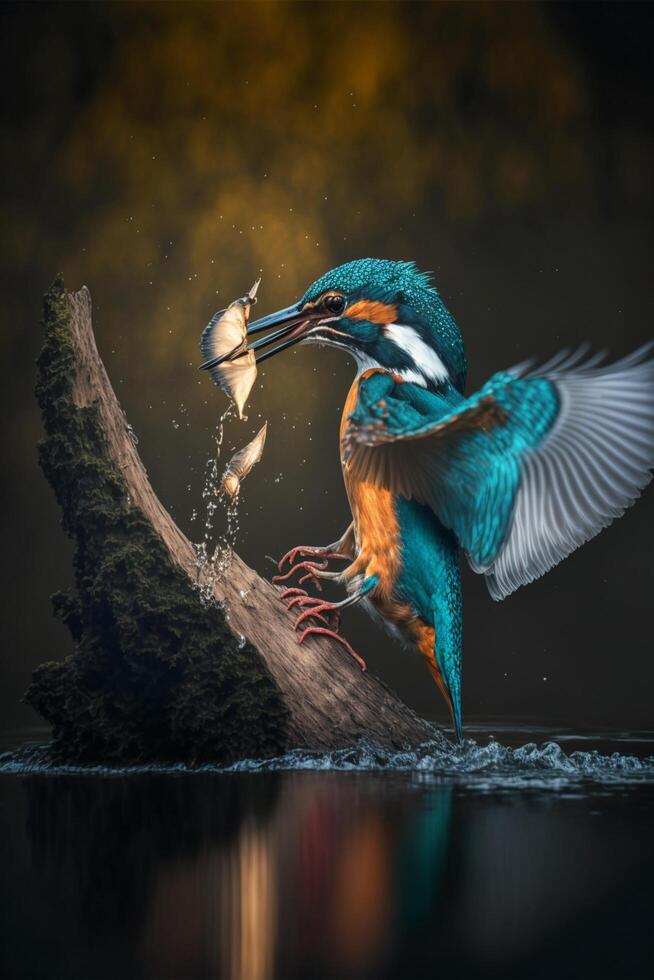 Common European Kingfisher river kingfisher flying after emerging from water with caught fish prey in beak photo