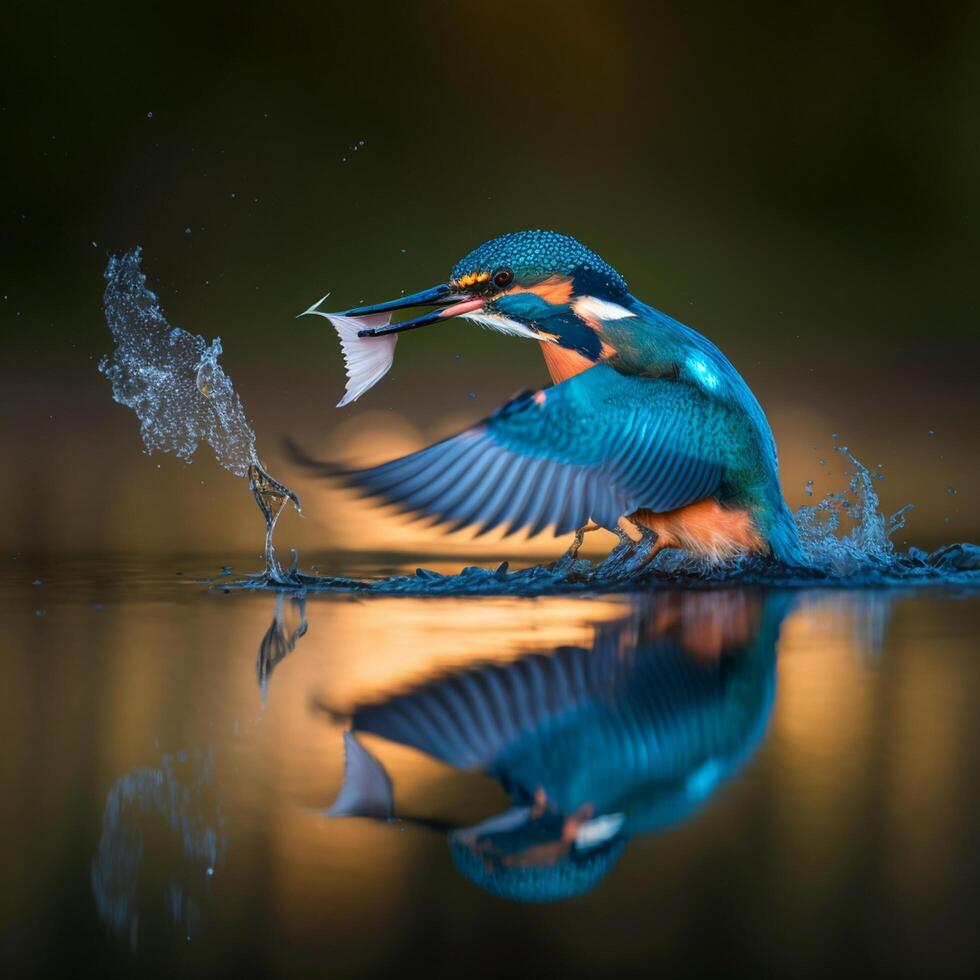 Common European Kingfisher river kingfisher flying after emerging from water with caught fish prey in beak photo