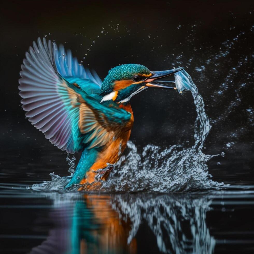 Common European Kingfisher river kingfisher flying after emerging from water with caught fish prey in beak photo