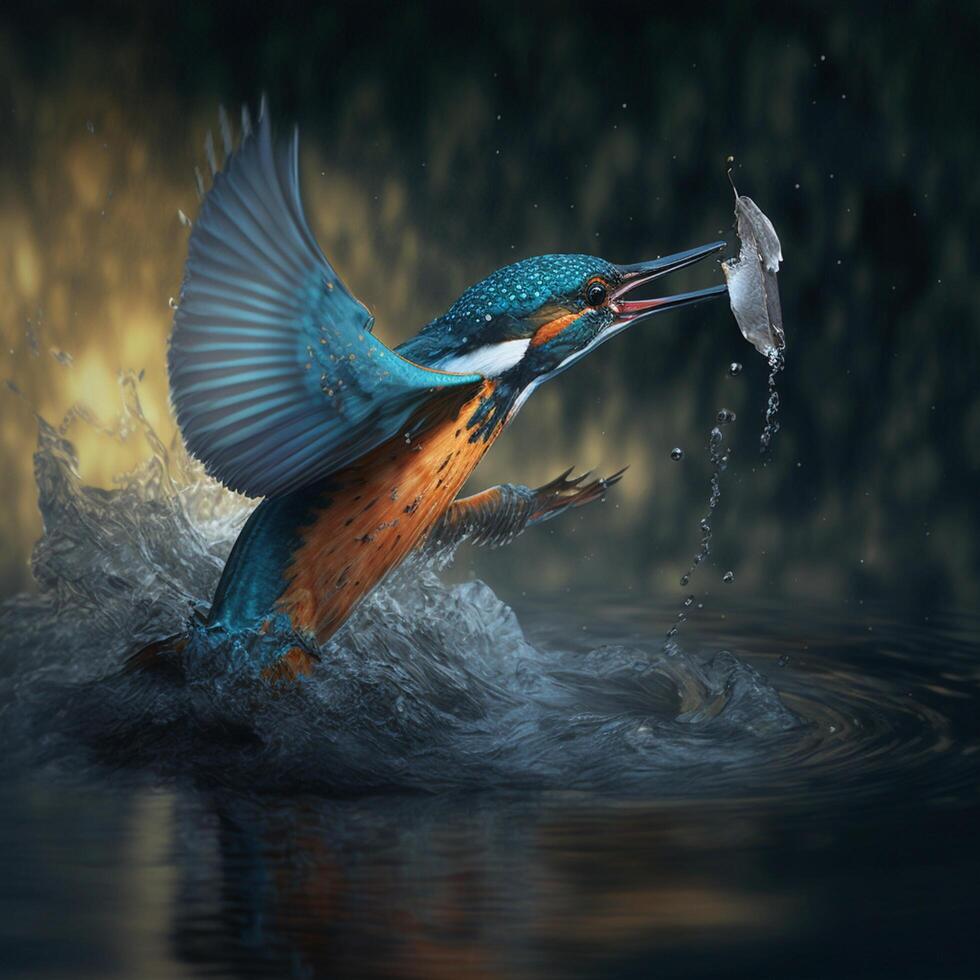 Common European Kingfisher river kingfisher flying after emerging from water with caught fish prey in beak photo