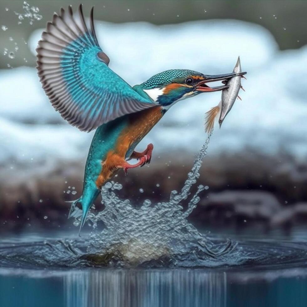 Common European Kingfisher river kingfisher flying after emerging from water with caught fish prey in beak photo