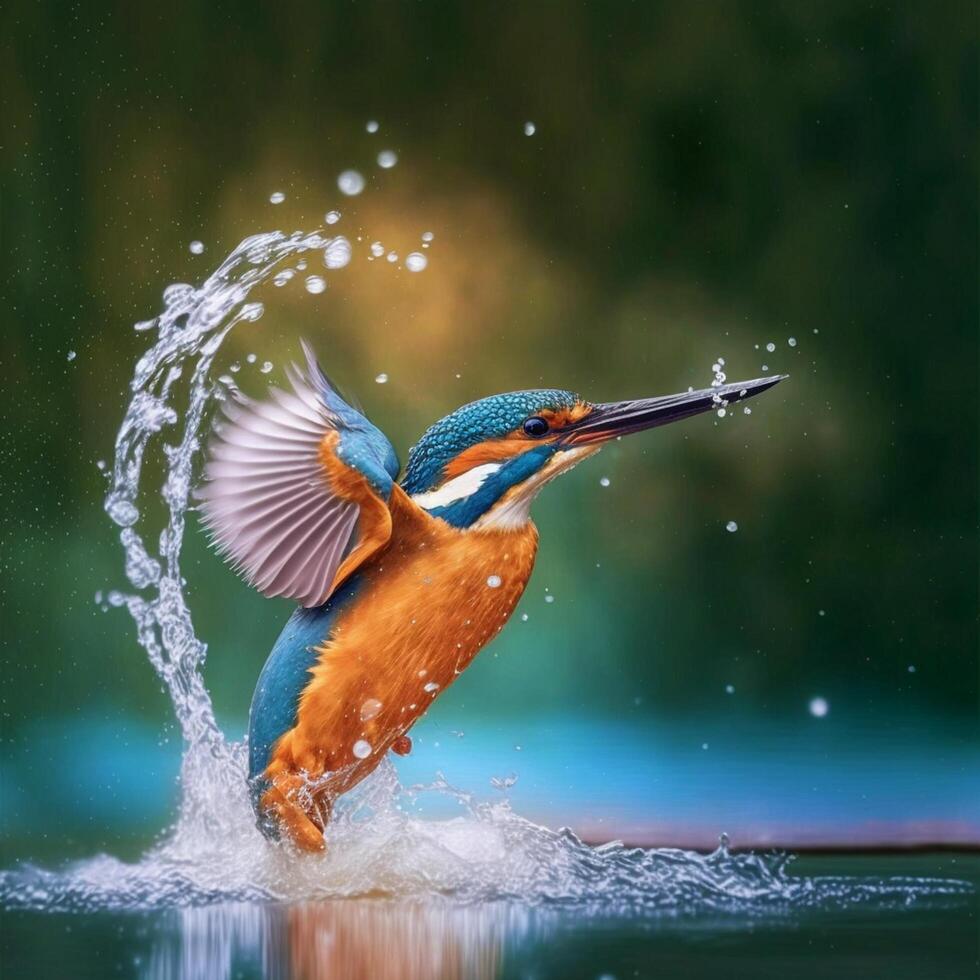 Common European Kingfisher river kingfisher flying after emerging from water with caught fish prey in beak photo