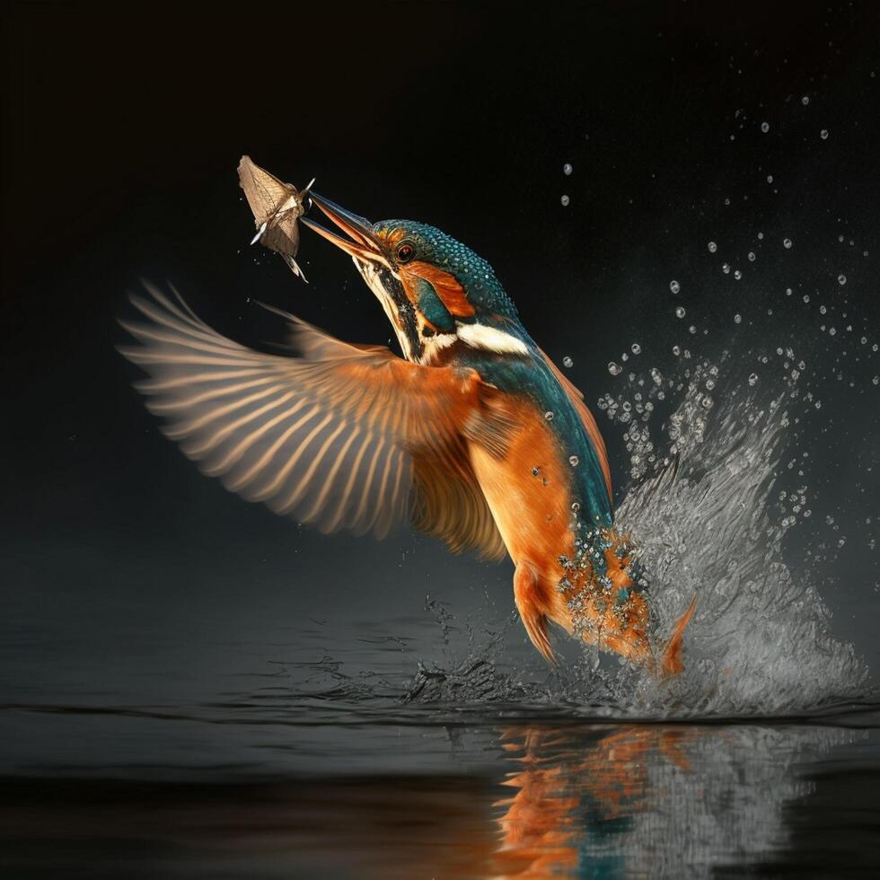 Common European Kingfisher river kingfisher flying after emerging from water with caught fish prey in beak photo