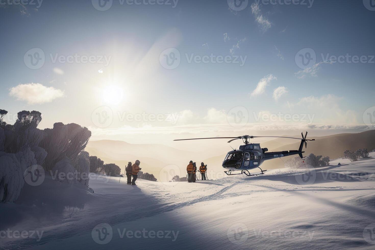 Medical rescue helicopter landing in snowy mountains. photo