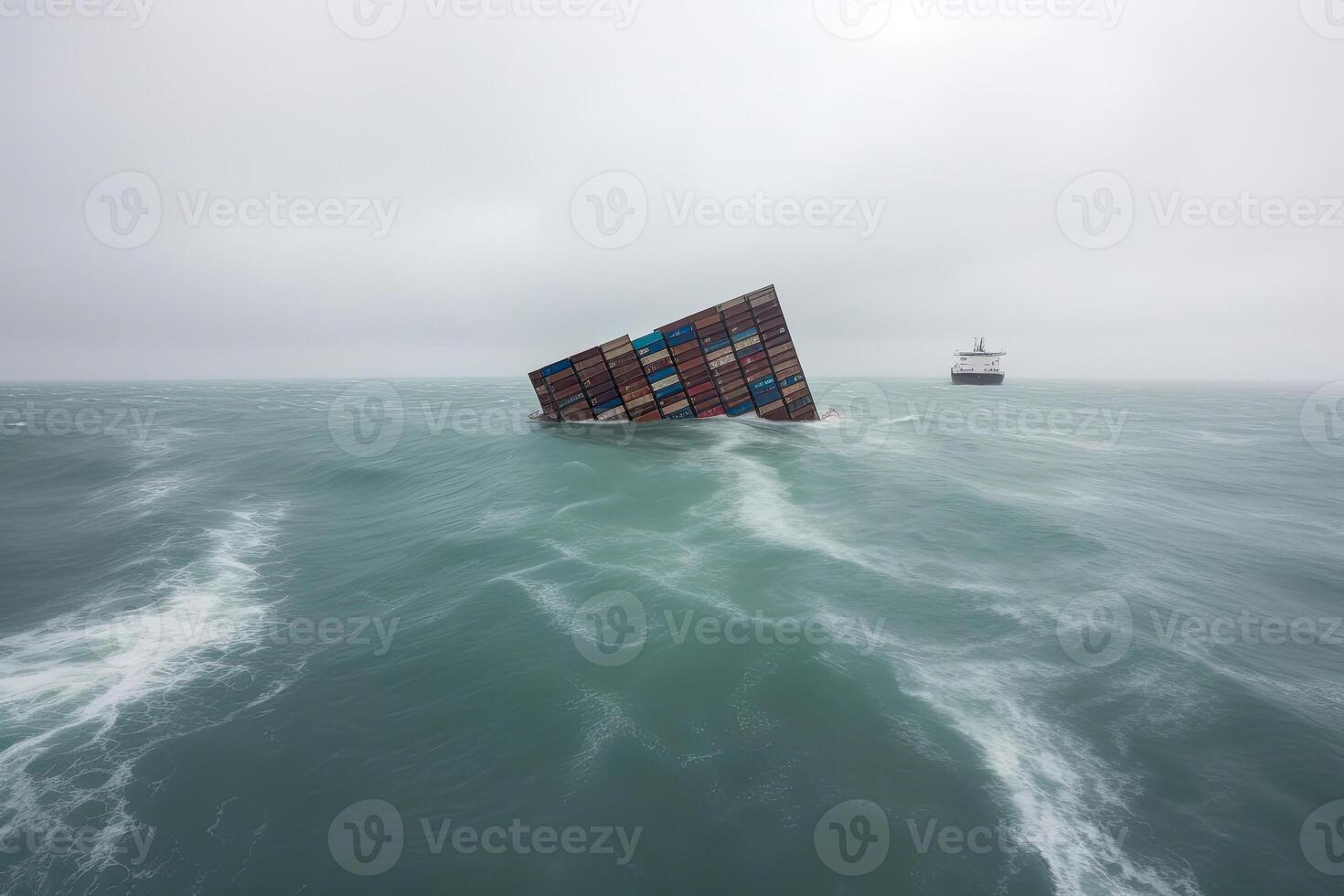 Wrecked cargo ship with conatiners in stormy sea with large waves. photo