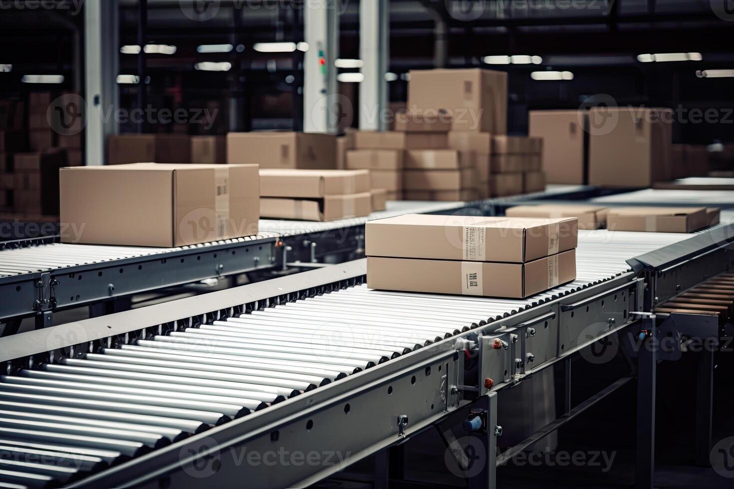 Automatic production line, conveyor belt with boxes. photo