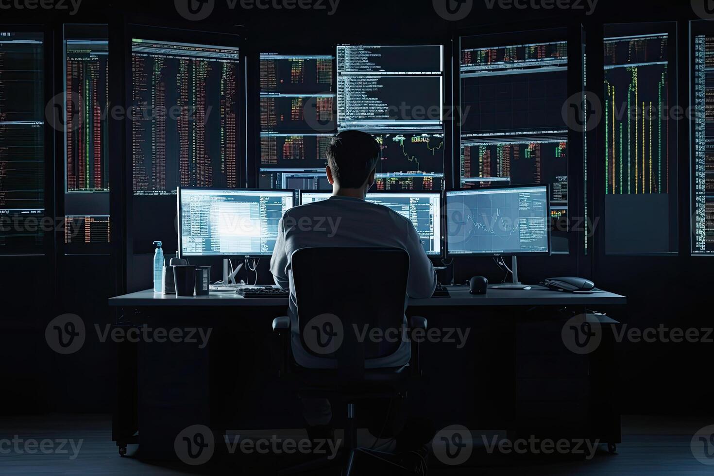 Trader at workplace analising stock exchange graphs. photo