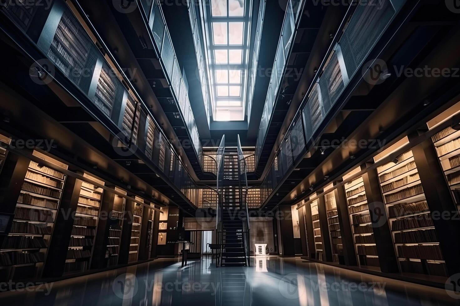 Interior of library with many bookshelves. photo