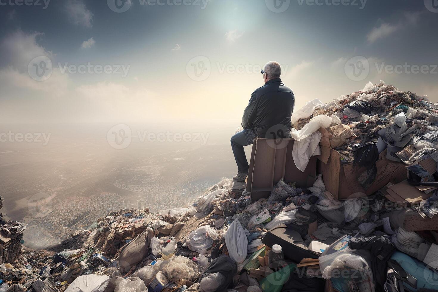 hombre sentado en parte superior de enorme tugurio con un lote de el plastico desperdiciar. ambiental contaminación. generativo ai foto