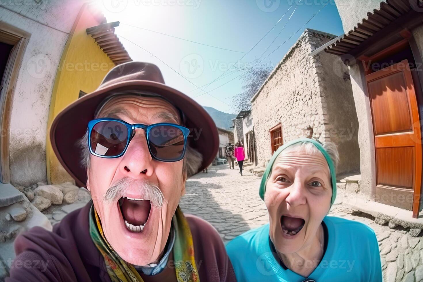 Elderly man and woman are walking together, smiling and fooling around. photo