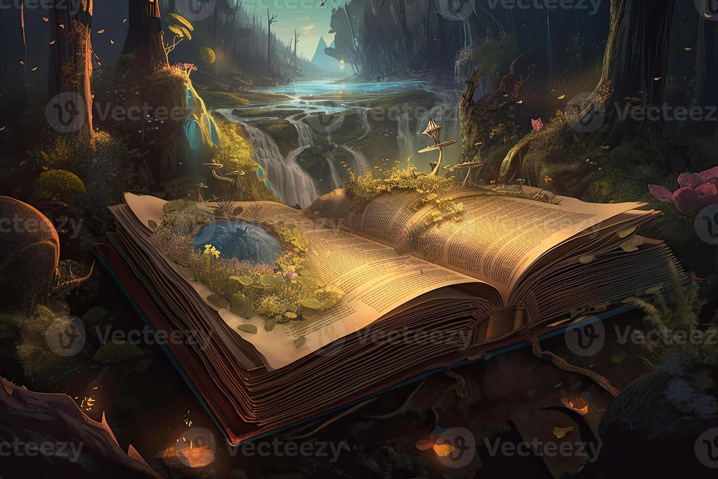 Open magical book with fantasy landscape over pages. Created with photo