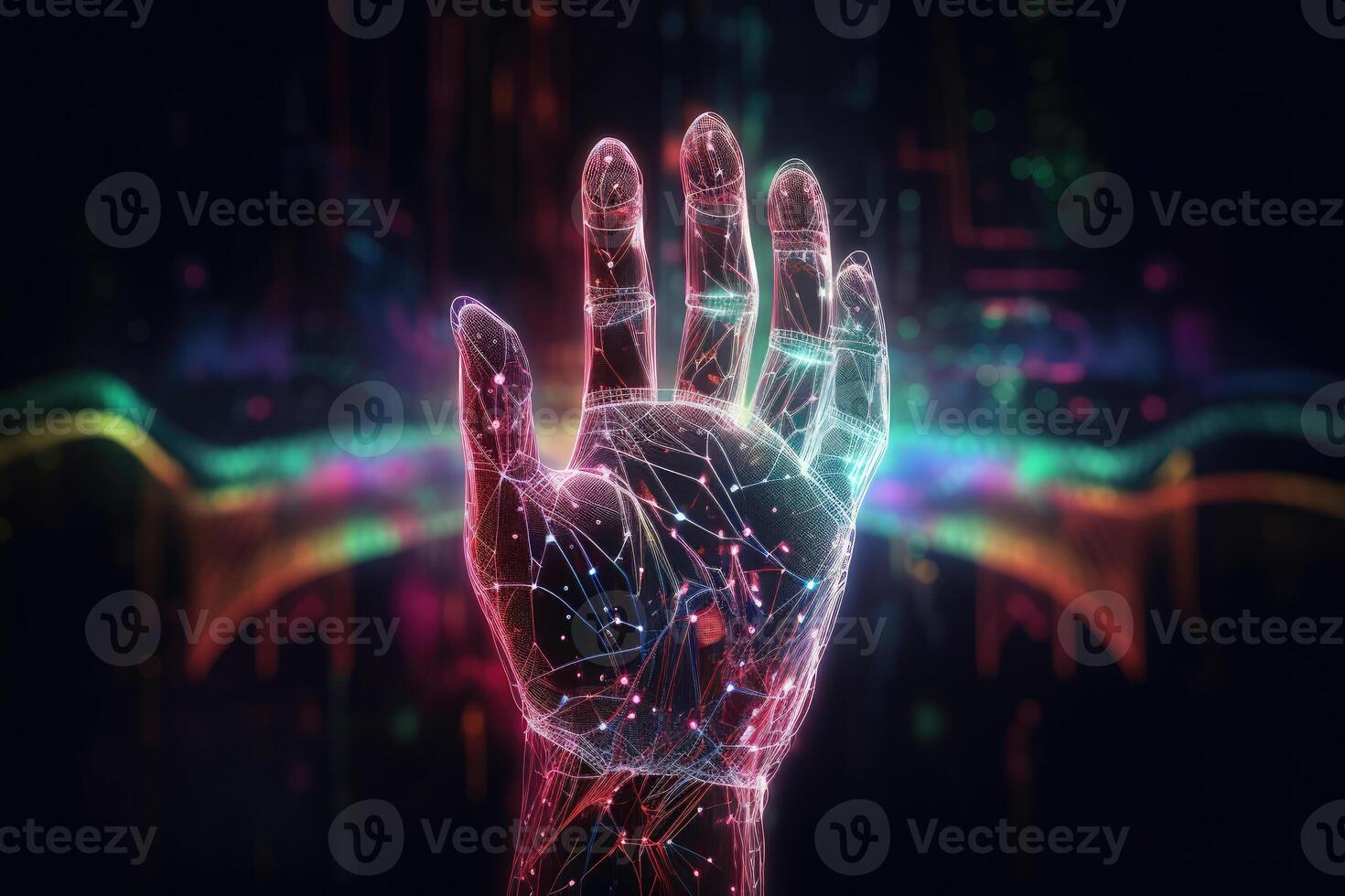 Artificial intelligence hand on dark background. Digital hologram. Futuristic concept. photo