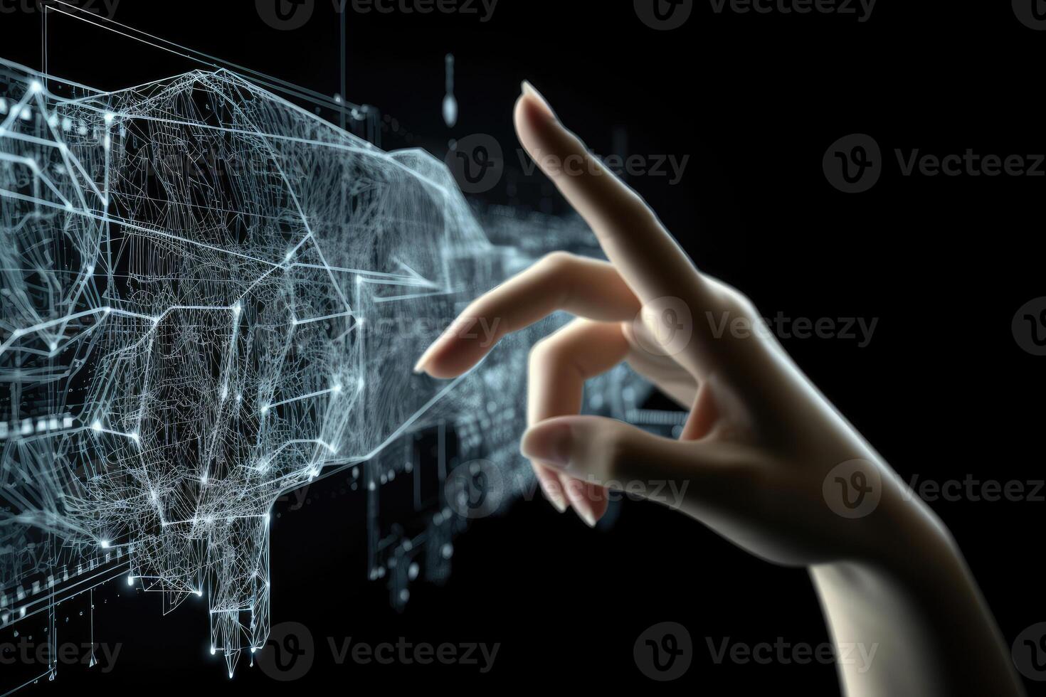 Hand touching digital data network. Communication with artificial intelligence. photo