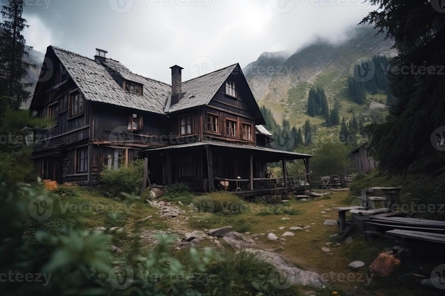 Cottage in nature. Lodge in mountains. photo