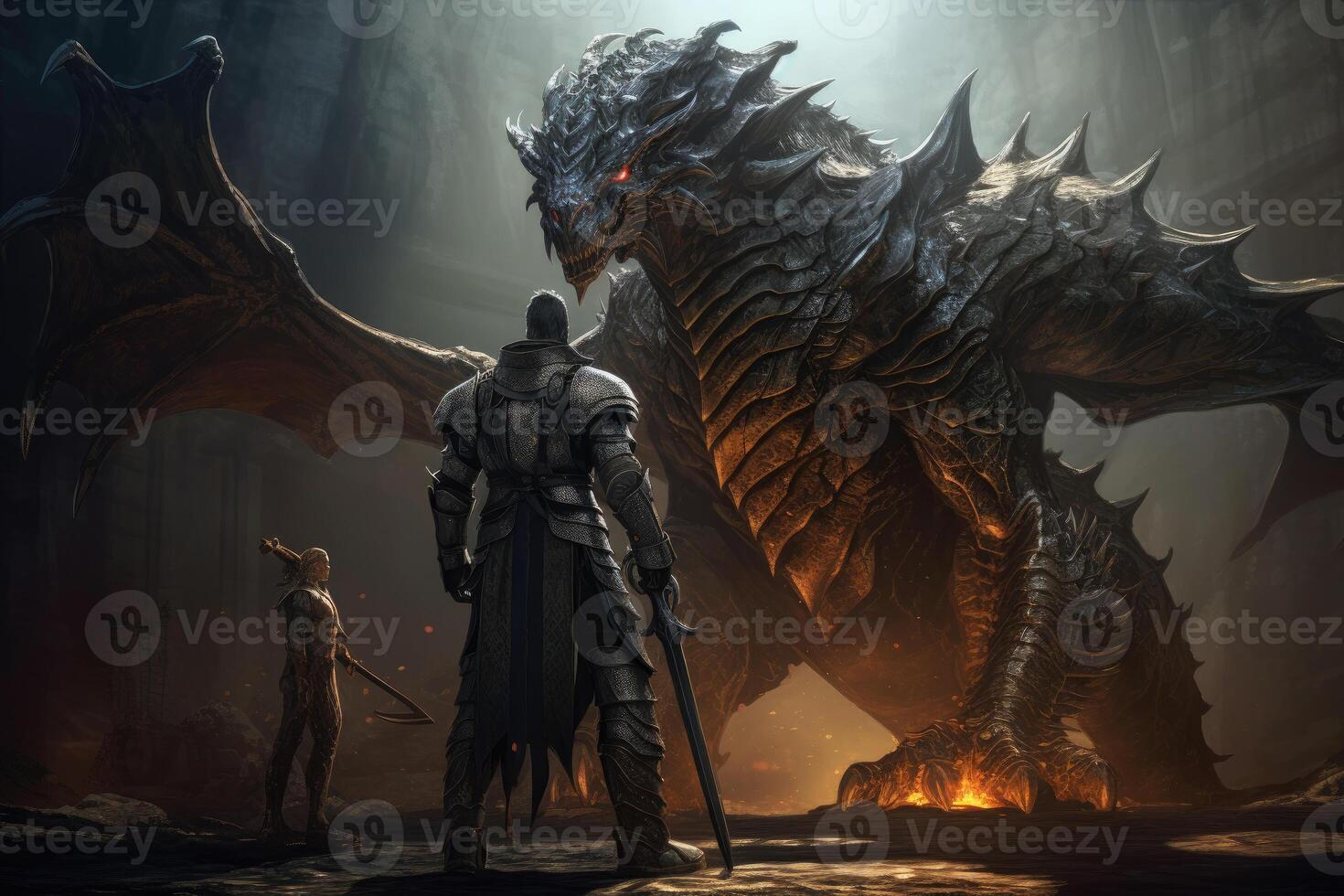 Man stands in front of huge dragon, fantasy world. photo