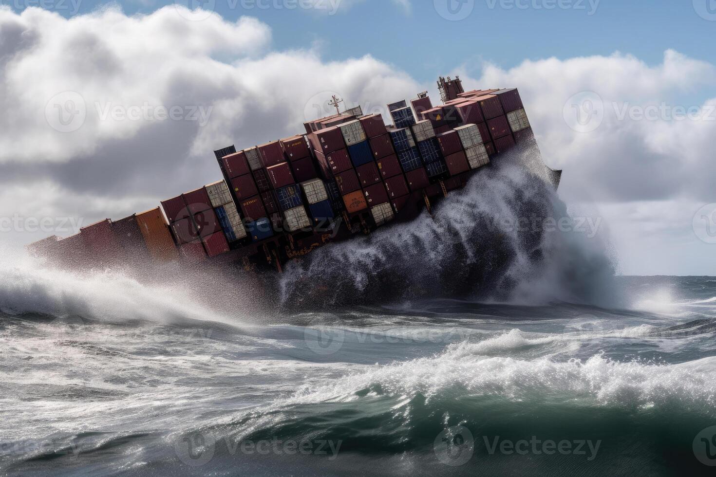 destrozado carga Embarcacion con contenedores en Tormentoso mar con grande ondas. generativo ai foto
