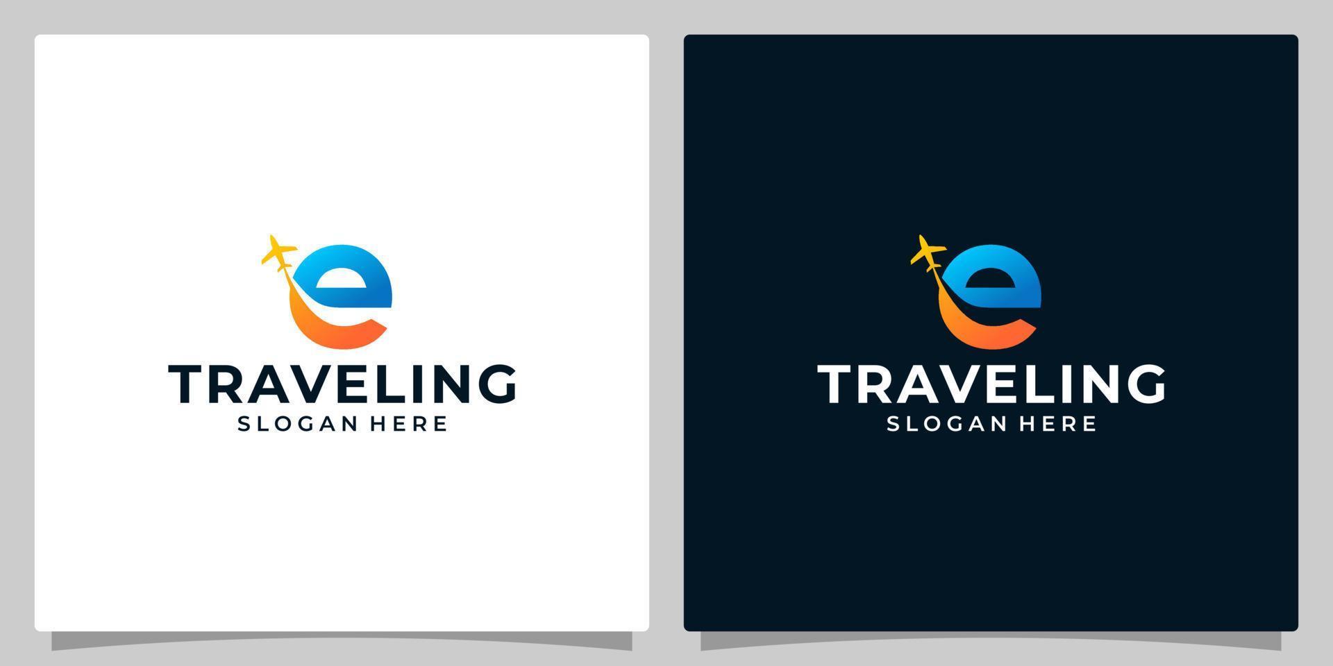 Initial letter e logo design template with Air travel graphic design. Travel vector illustration. Plane icon, symbol, creative.