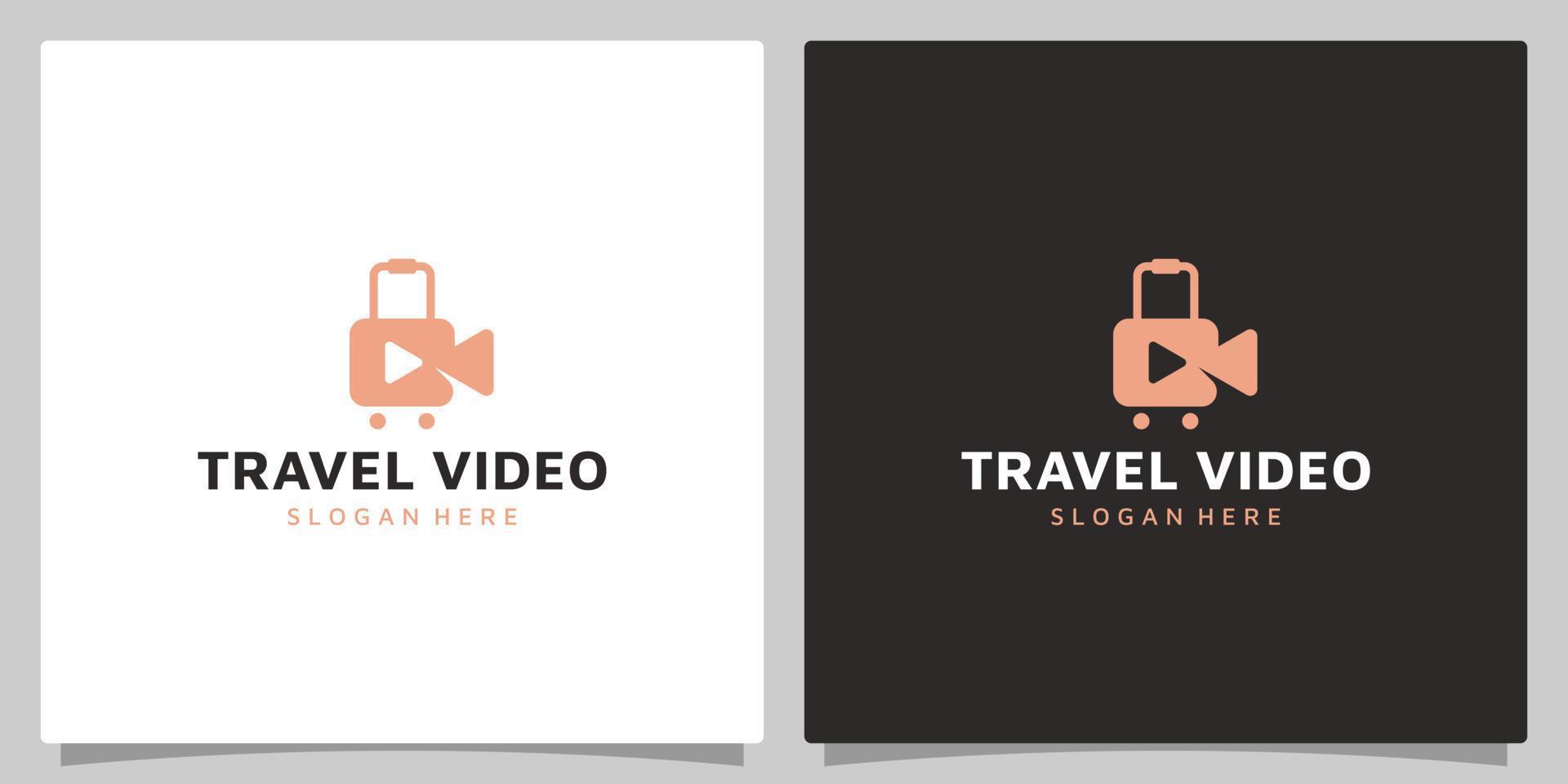 Suitcase logo design template with video button design. Travel vector illustration. Plane icon, symbol, creative.