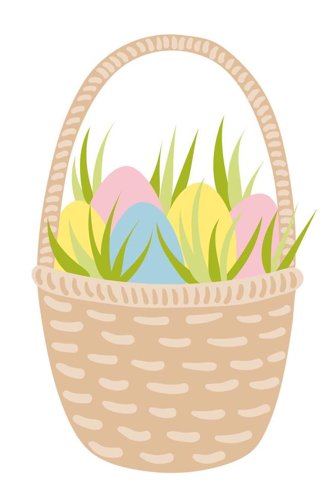 Easter basket with coloured eggs and flowers vector illustration