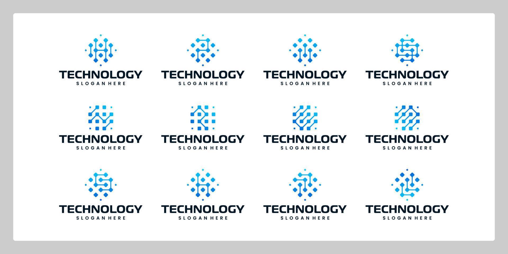 Set of technology initial letter logo design template with box pixel digital graphic design illustration. Symbol for tech, internet, system, Artificial Intelligence and computer. vector