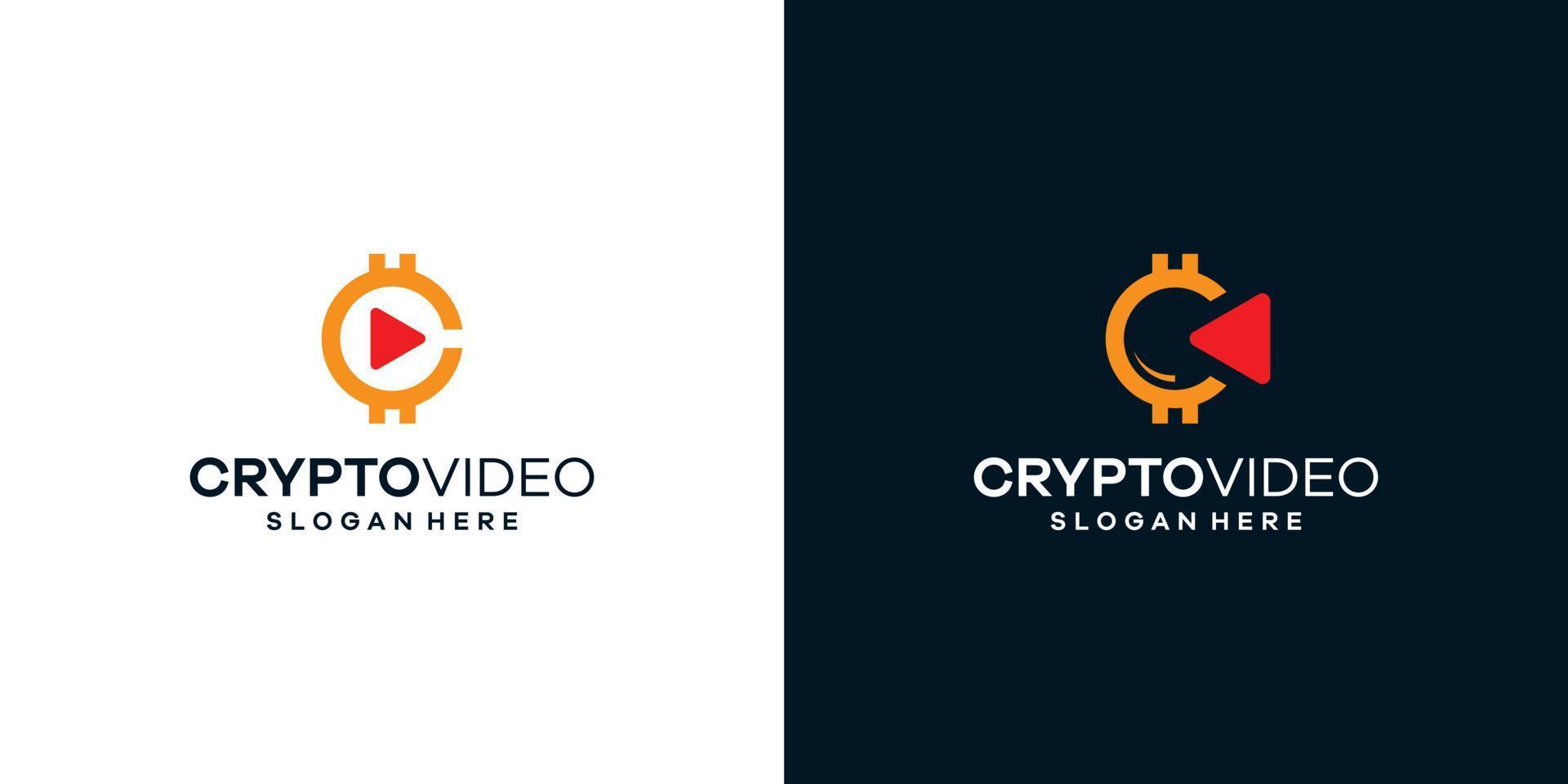 Coin crypto logo design template with play video button graphic design illustration. icon, symbol, creative. vector