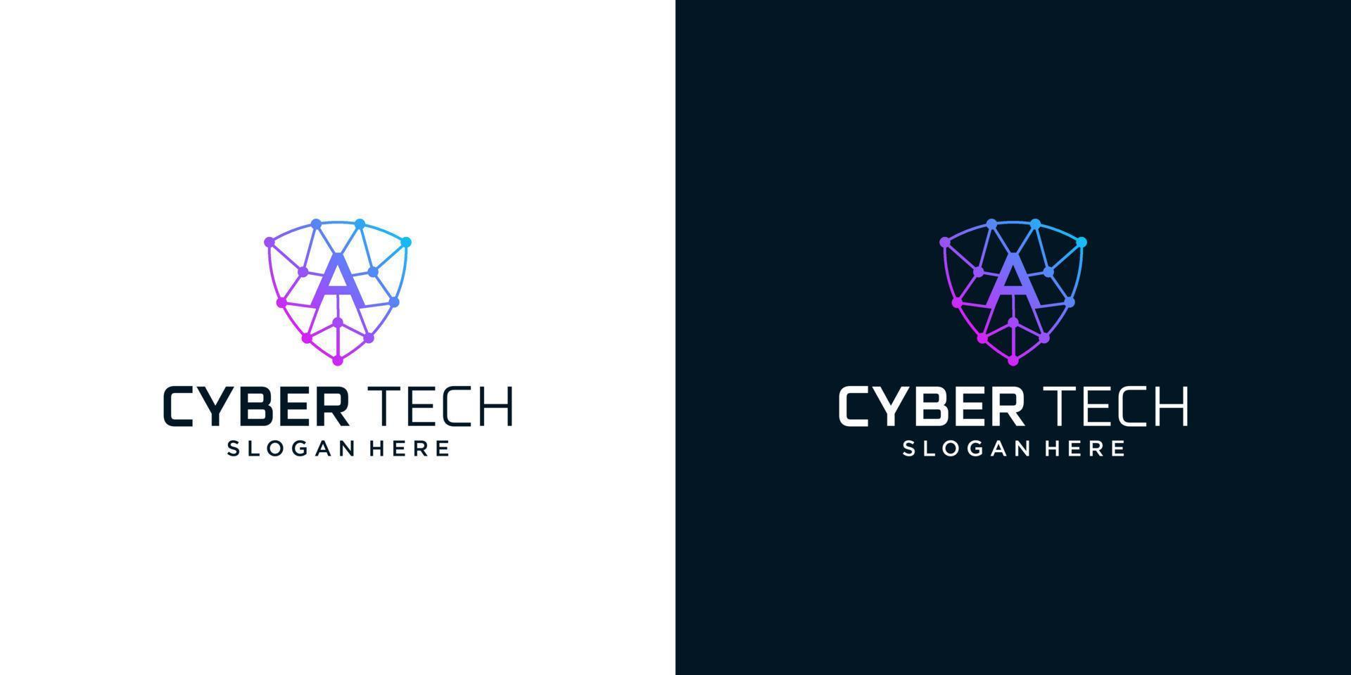 Cyber tech logo design template with initial letter A graphic design vector illustration. Symbol for tech, security, internet, system, Artificial Intelligence and computer.