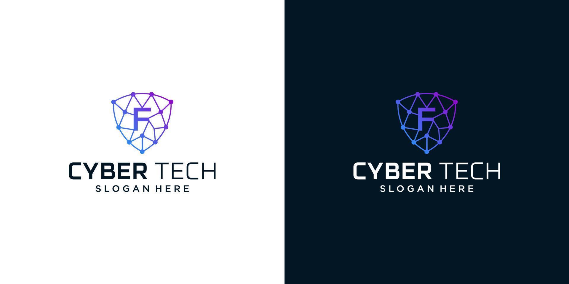 Cyber tech logo design template with initial letter F graphic design vector illustration. Symbol for tech, security, internet, system, Artificial Intelligence and computer.