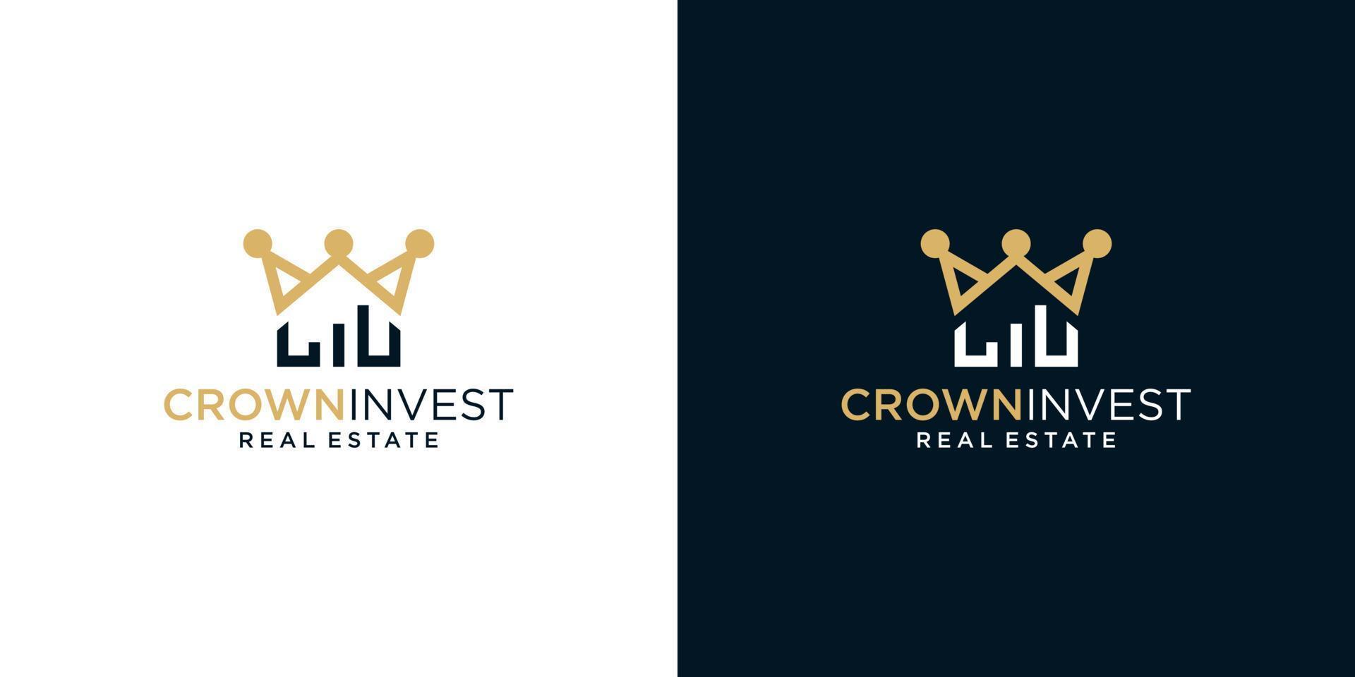 Crown logo design template with building house and chart investment financial graphic design illustration. icon, symbol, creative. vector