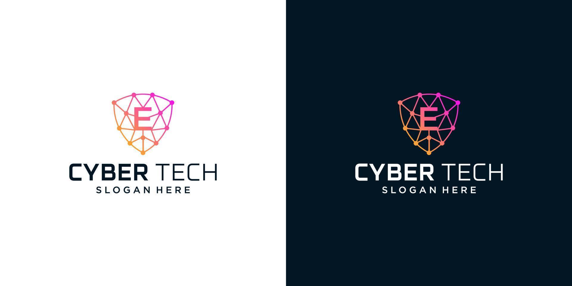 Cyber tech logo design template with initial letter E graphic design vector illustration. Symbol for tech, security, internet, system, Artificial Intelligence and computer.