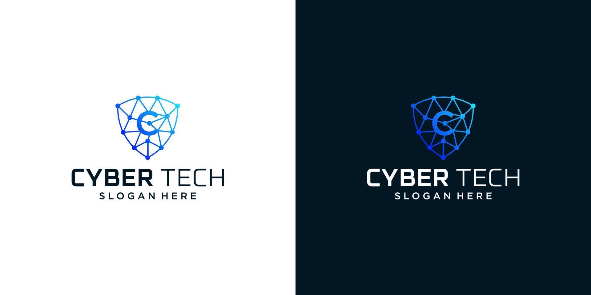 Cyber tech logo design template with initial letter C graphic design vector illustration. Symbol for tech, security, internet, system, Artificial Intelligence and computer.
