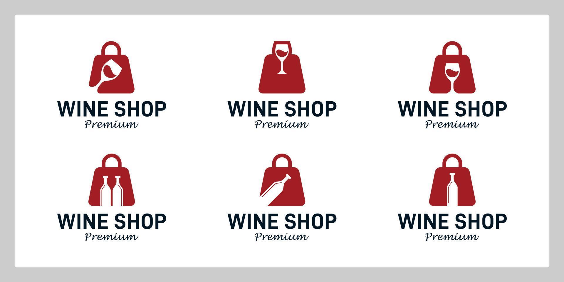 Set of wine glass shop logo design template with shopping bag, wine bottle graphic design illustration. icon, symbol, creative. vector