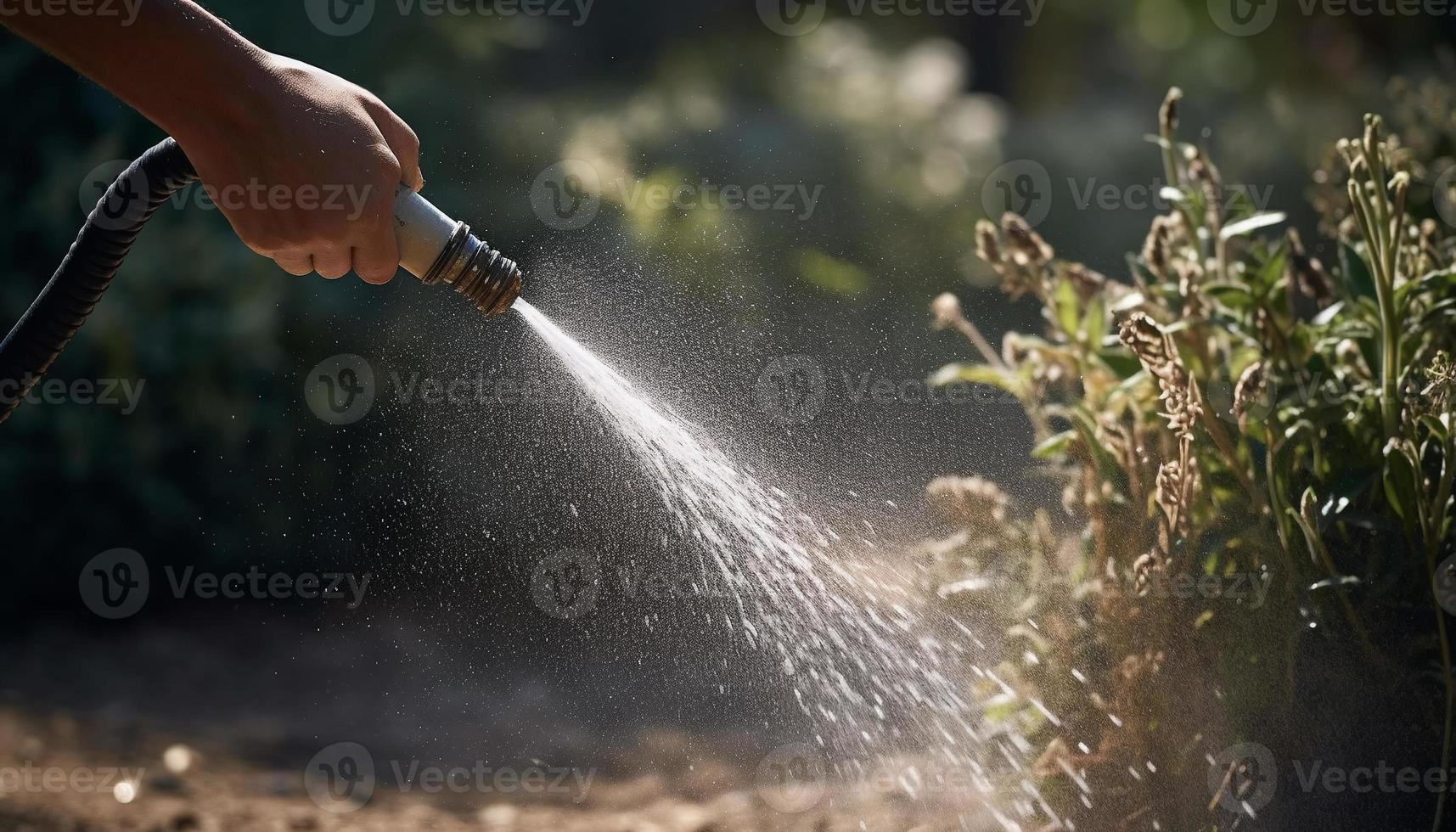 un mano participación un manguera boquilla y riego el jardín afuera. salpicaduras y pulverización agua desde el manguera. foto