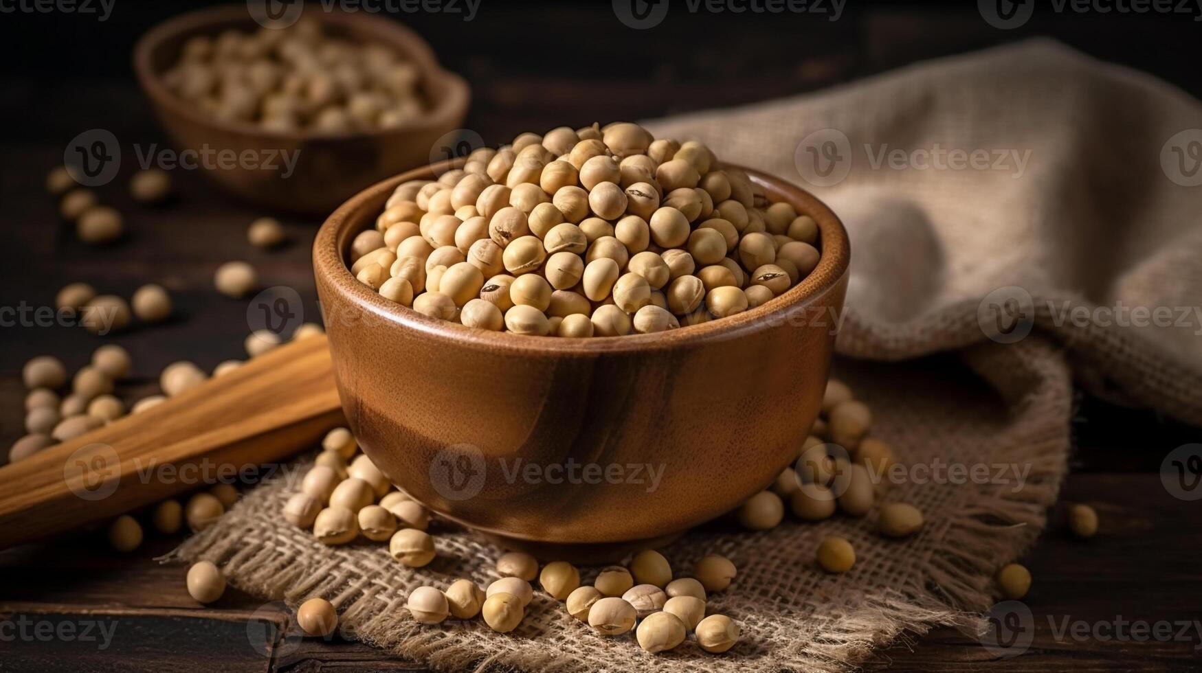 A wooden bowl of soya beans or soybean wooden background studio presentation. photo