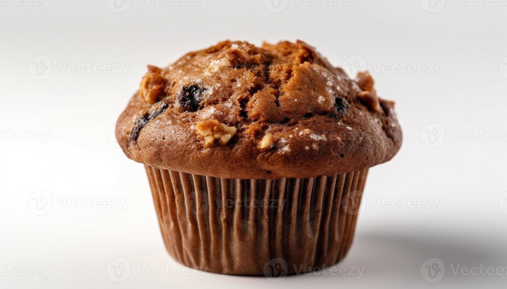 Chocolate muffin isolated on white background side view detail close up studio product presentation . photo