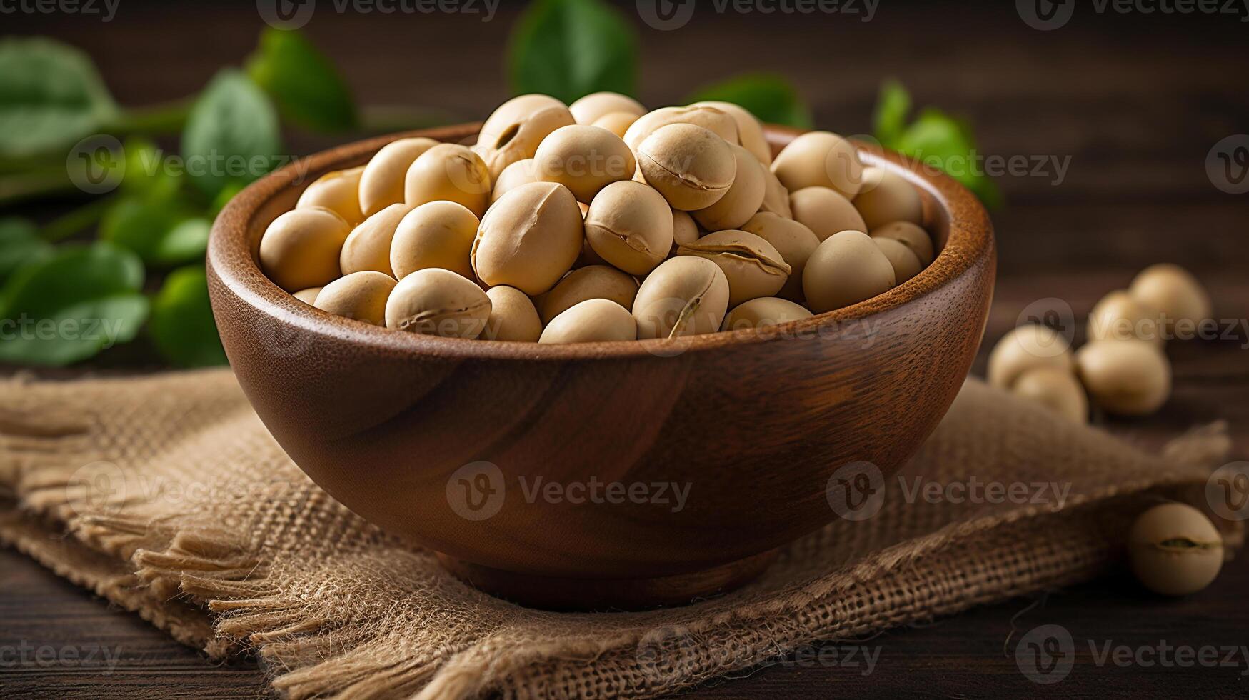 A wooden bowl of soya beans or soybean wooden background studio presentation. photo