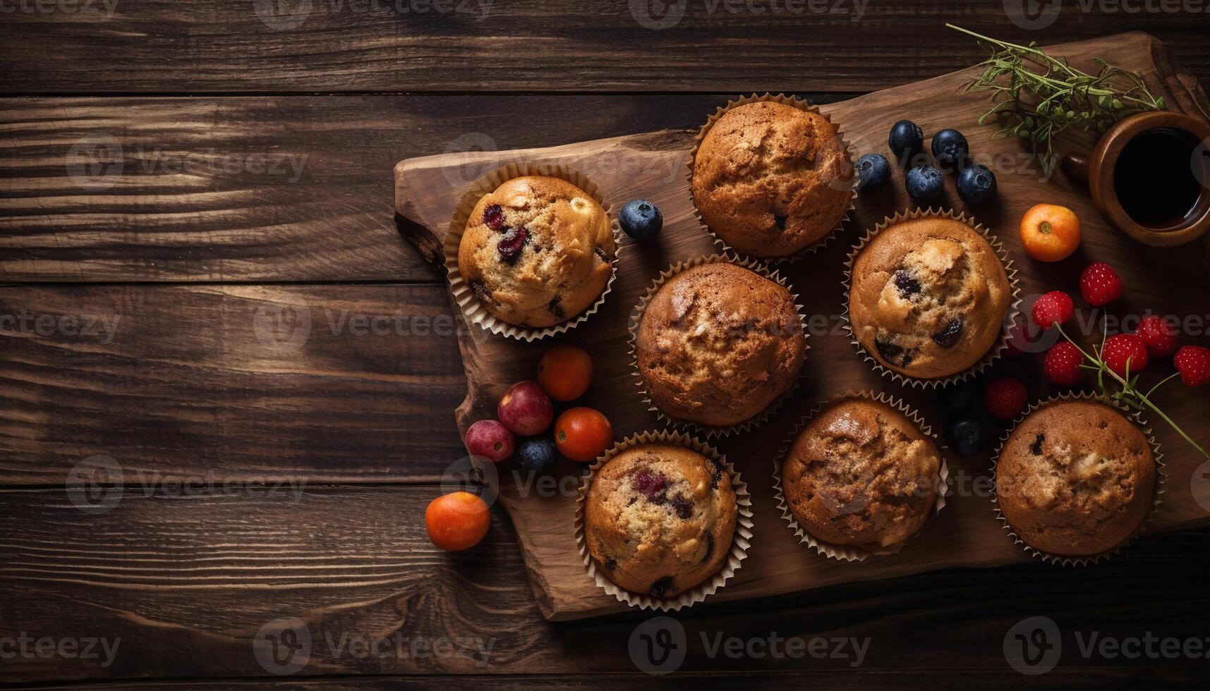 Chocolate muffin wood background flat lay food photography copy spacce detail close up studio product presentation . photo