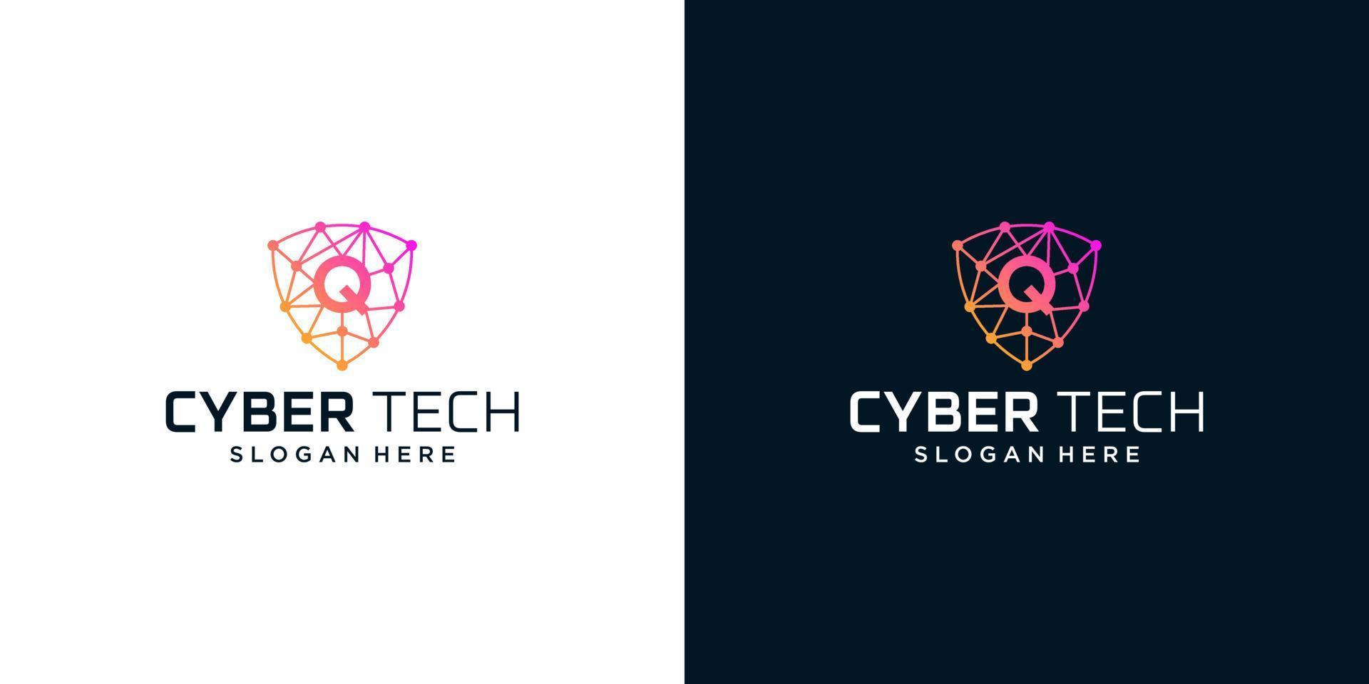 Cyber tech logo design template with initial letter Q graphic design vector illustration. Symbol for tech, security, internet, system, Artificial Intelligence and computer.