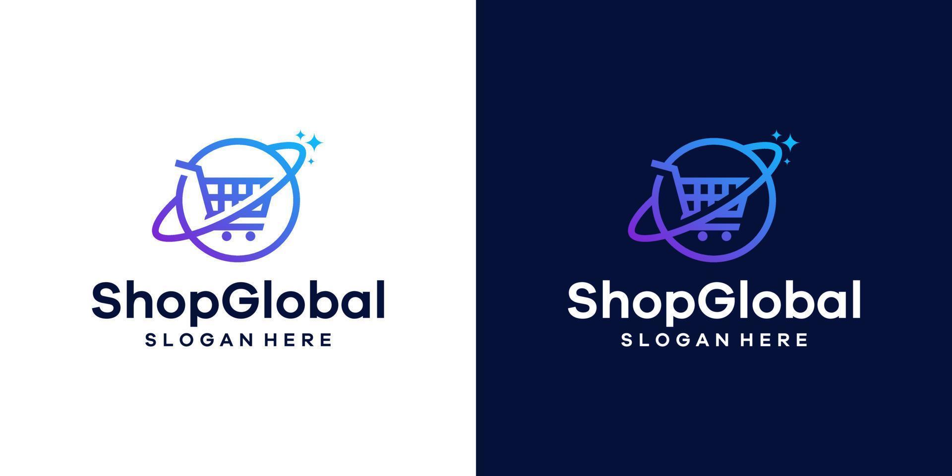 Shopping cart logo design template with globe design vector illustration. icon, symbol, creative.