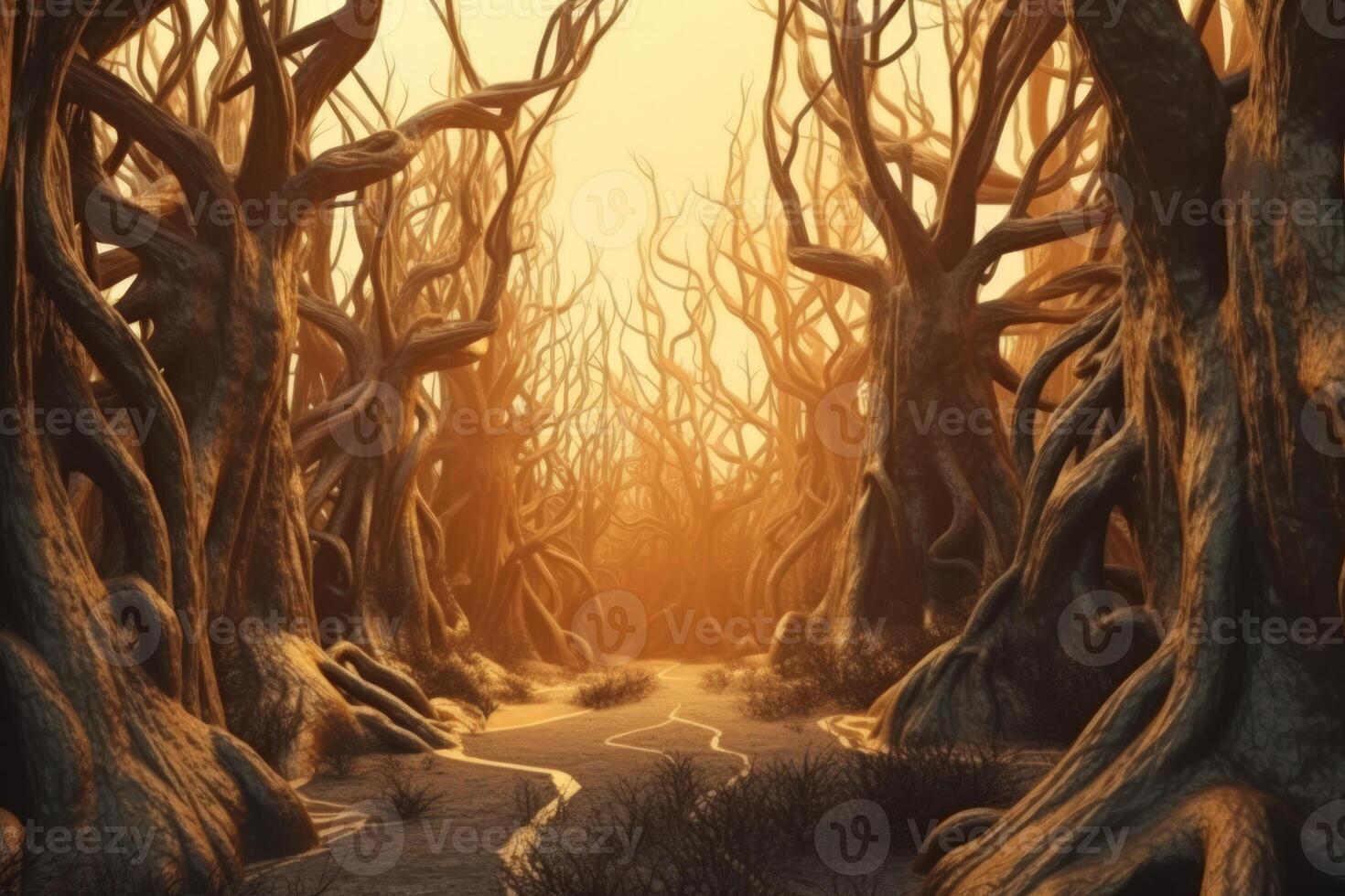 trees intertwined, magical sun light forest photo