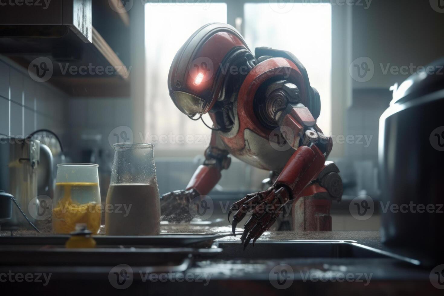 robot assistant washes dishes in the kitchen photo