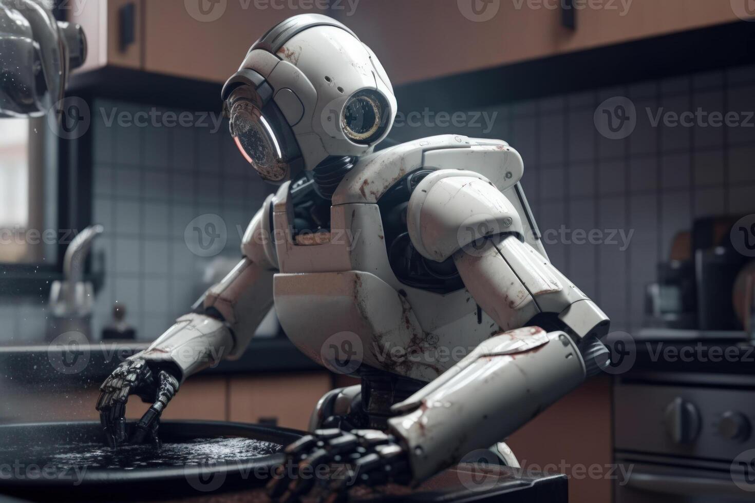 robot assistant washes dishes in the kitchen photo