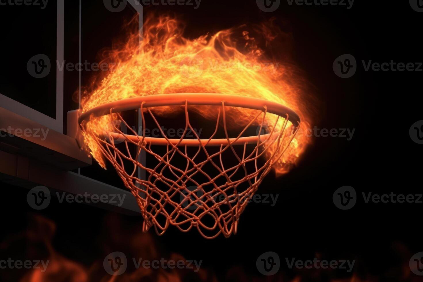 basketball sport, basket in orange fire on dark photo