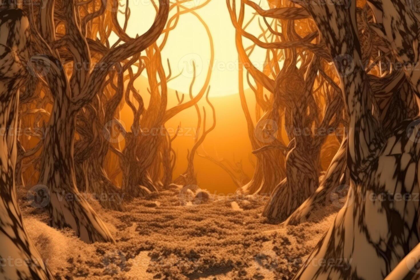 trees intertwined, magical sun light forest photo