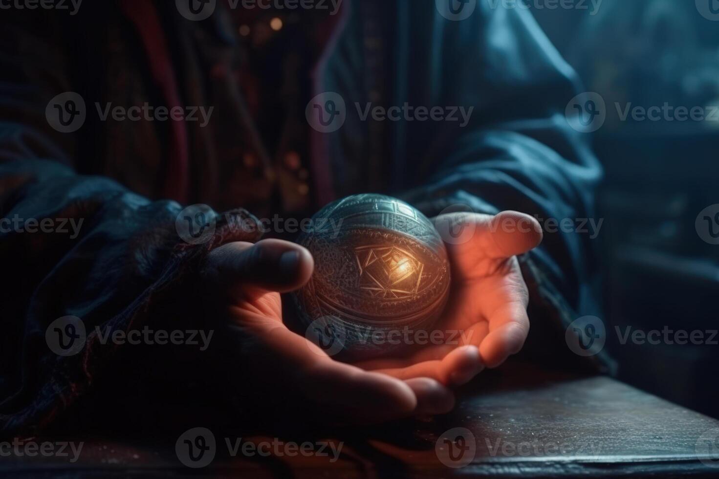 el manos de el hechicero mago sostener un magia pelota para adivinación el predicción de el futuro generativo ai foto