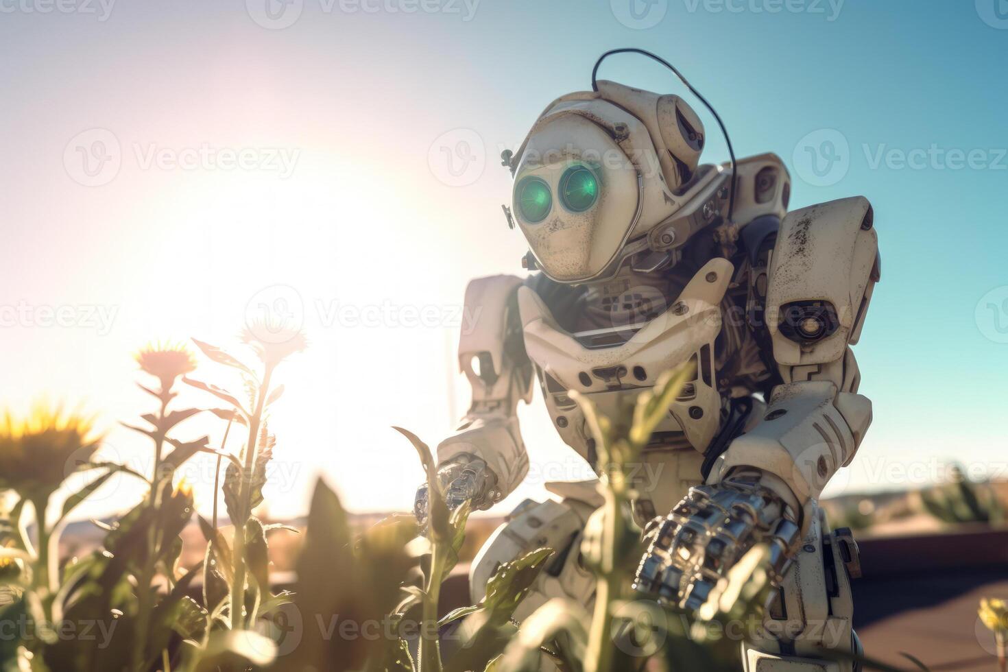 robot in the summer flower field, nature and robotics photo